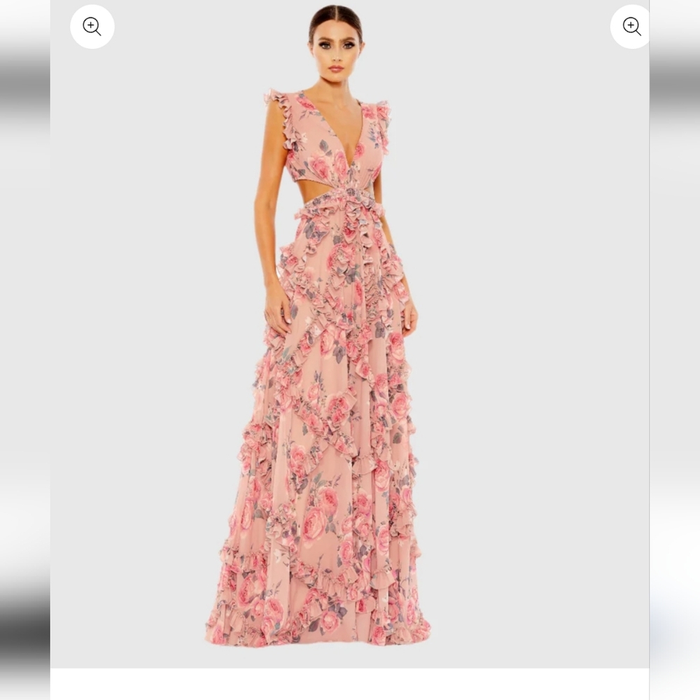 MAC DUGGAL Ruffled Cut Out Cap Sleeve V Neck Gown